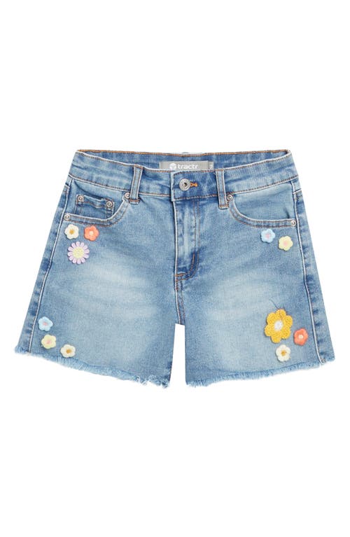 Shop Tractr Kids' Floral Patch Denim Cutoff Shorts In Indigo
