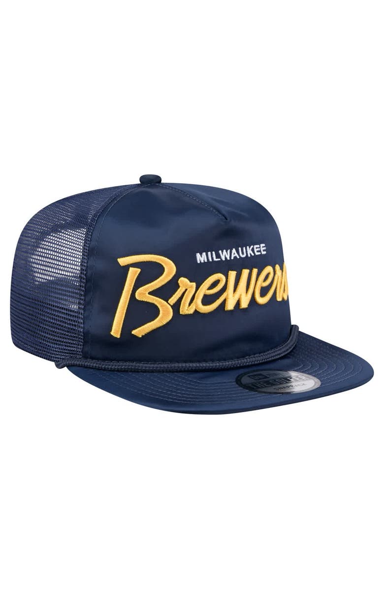 New Era Men's New Era Navy Milwaukee Brewers Retro Satin Script Golfer Adjustable Hat, Alternate, color,