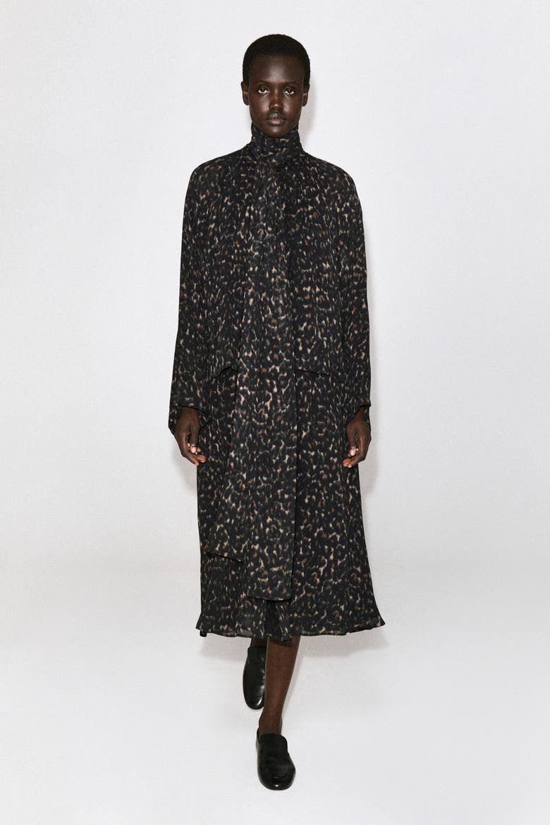 Leopard-Print Fluid Scarf-Detail Dress, Main, color, BROWN / LEOPARD PRINT