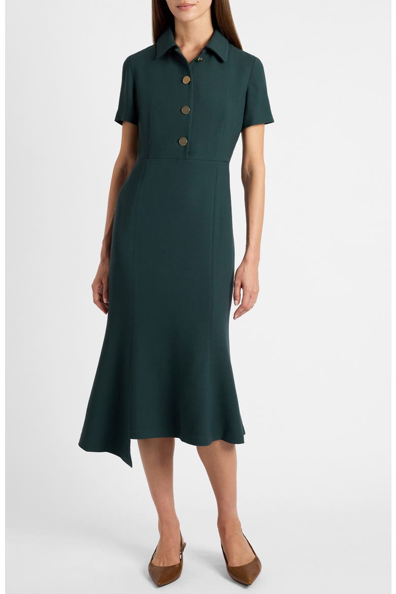 Sahara Short Sleeve Asymmetric Midi Twill Dress, Alternate, color, Evergreen