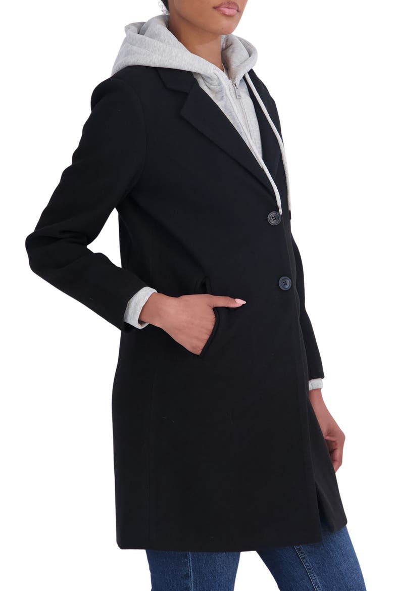 Faux Wool Single Breasted Coat with Hooded Bib, Alternate, color, BLACK