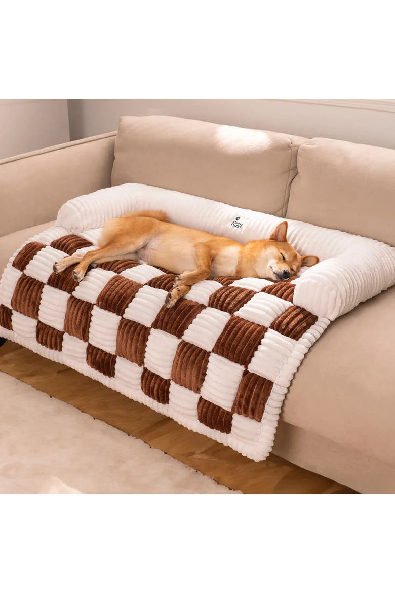 Cream Square Plaid Cozy Dog Mat Furniture Protector Cover, Alternate, color, Brown