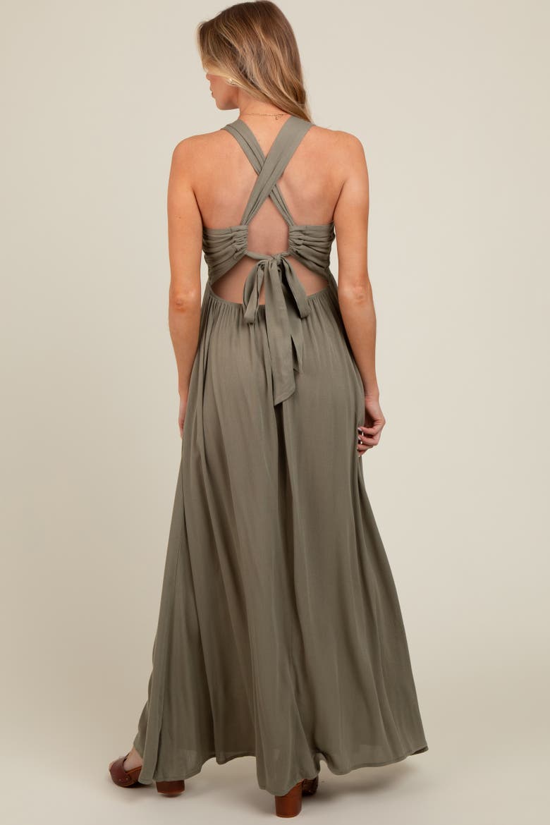Deep V-Neck Cross Back Maxi Dress, Alternate, color, Olive Green