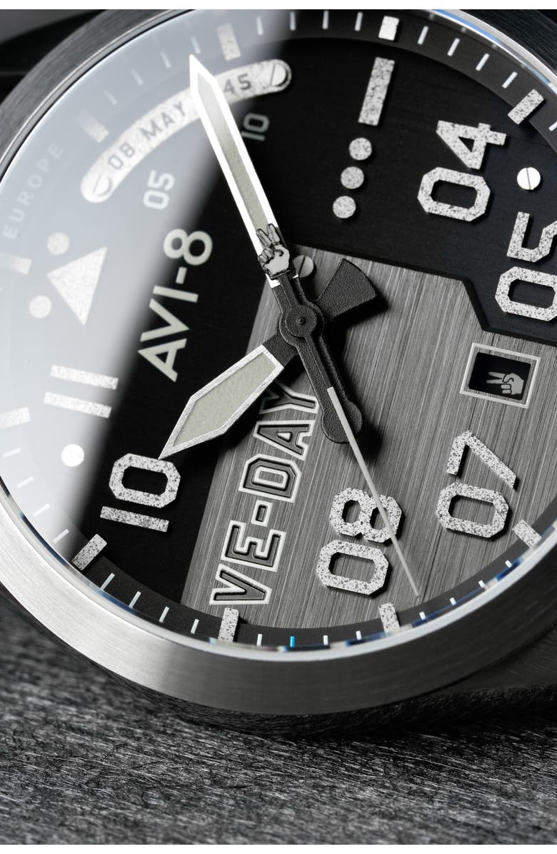 AVI-8 P-51 Mustang Patriot Automatic VE-Day 80th Anniversary Limited Edition Leather Strap Watch, 43mm, Alternate, color, Black