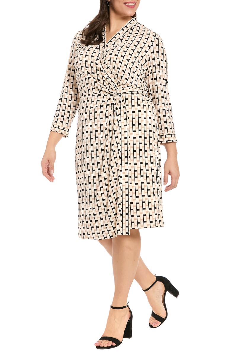 London Times Geometric Print Faux Wrap Dress, Alternate, color, Black/ Cream
