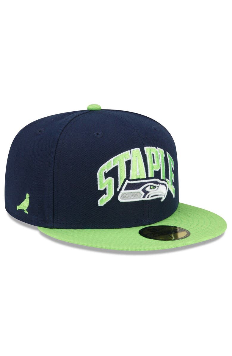 New Era x Staple Men's New Era Navy/Neon Green Seattle Seahawks NFL x Staple Collection 59FIFTY Fitted Hat, Main, color, 