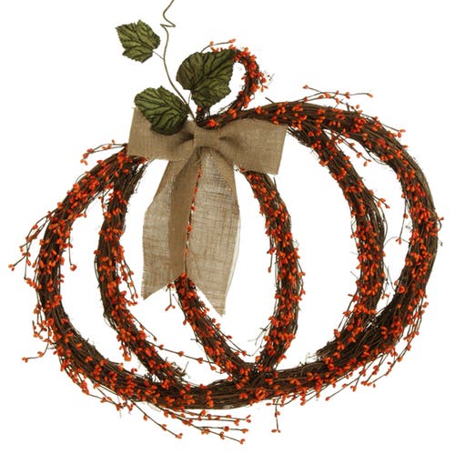 Raz 25" Brown and Orange Twig Pumpkin with Burlap Bow Autumn Wall Decoration  product