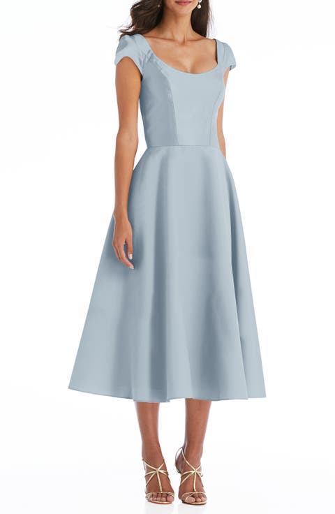 Cap Sleeve Full Skirt Satin Midi Cocktail Dress