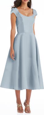Alfred Sung Cap Sleeve Full Skirt Satin Midi Cocktail Dress