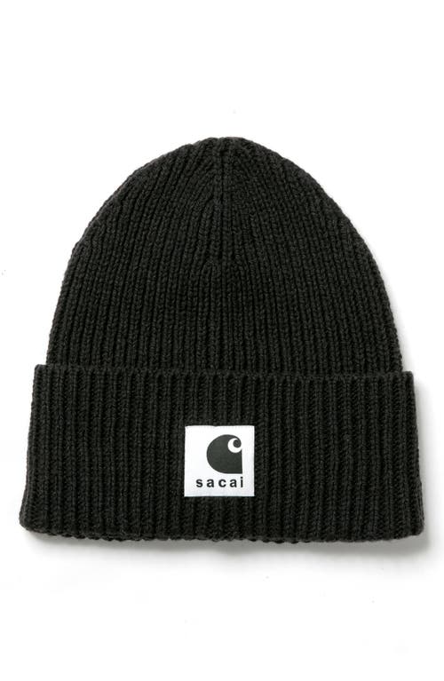 Sacai Carhartt Wip Rib Wool & Nylon Logo Beanie In Black