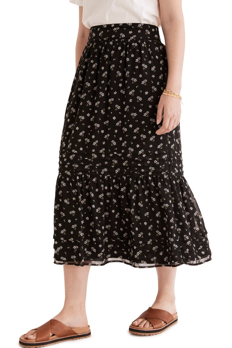 Kusama Tiered Pleated Maxi Skirt, Main, color, DITSY FLORAL TRUE BLACK