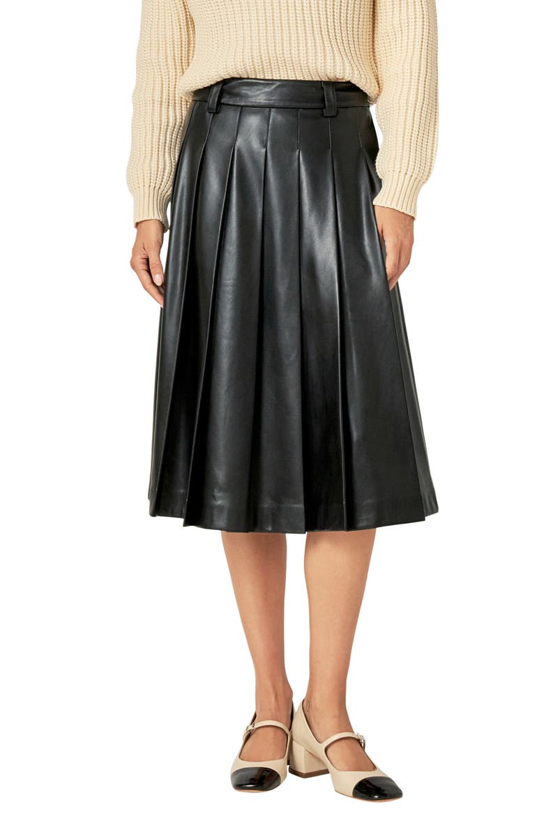 Pleated Faux Leather Skirt, Main, color, BLACK