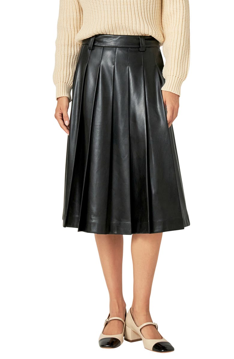 English Factory Pleated Faux Leather Skirt, Main, color, Black