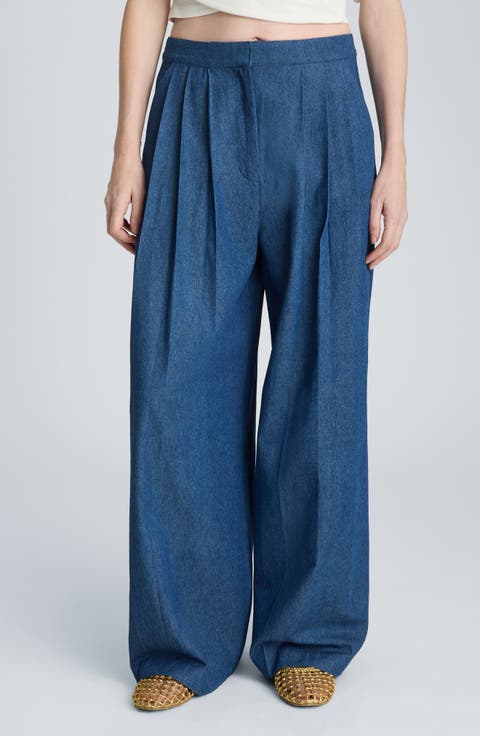 Triple Pleat Wide Leg Cotton Pants