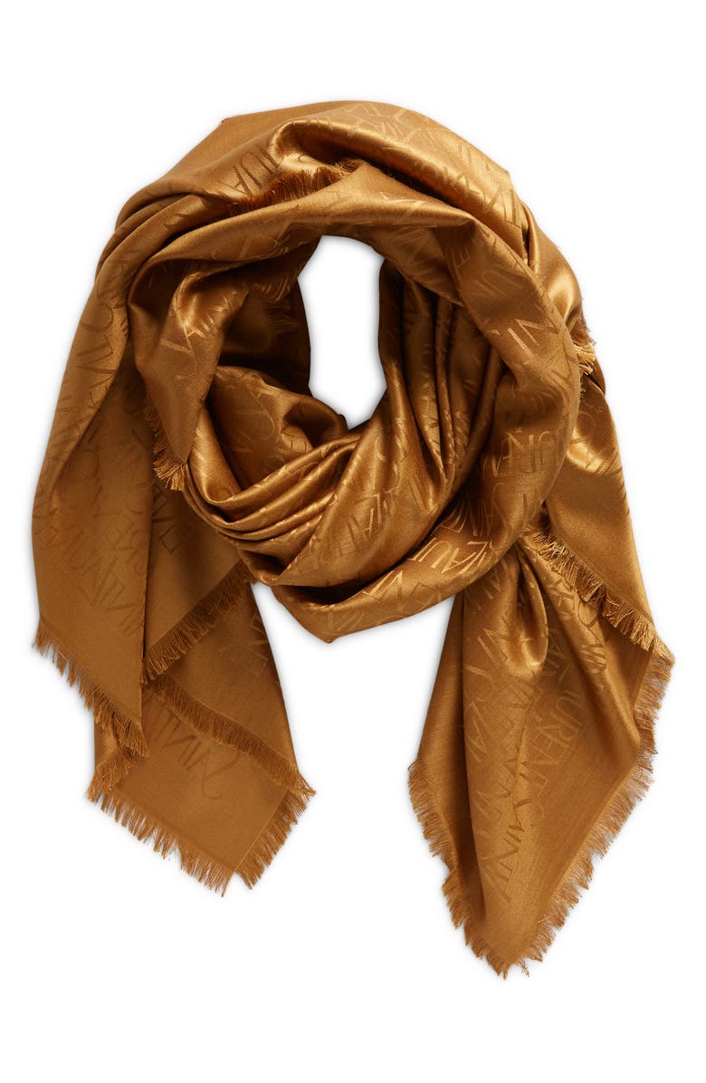 Saint Laurent Grand Allover Logo Silk & Wool Scarf, Alternate, color, Golden Brown