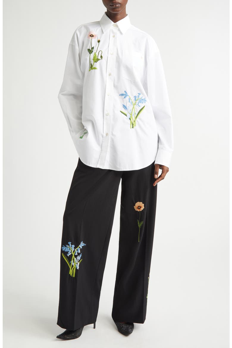 Floral Embroidered Cotton Oxford Button-Up Shirt, Alternate, color, PURE WHITE