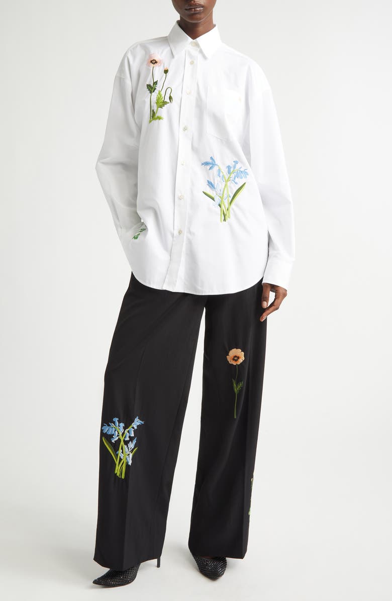 Stella McCartney Floral Embroidered Cotton Oxford Button-Up Shirt, Alternate, color, Pure White