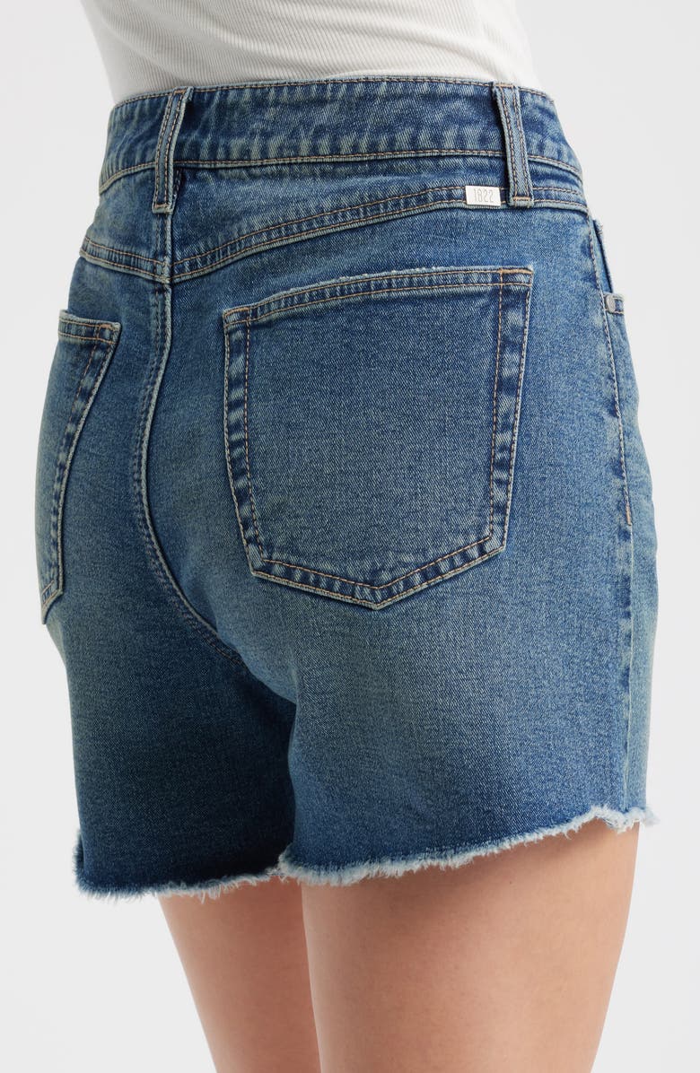 1822 Denim Frayed High Waist Mid Thigh Relaxed Denim Shorts, Alternate, color, Willa