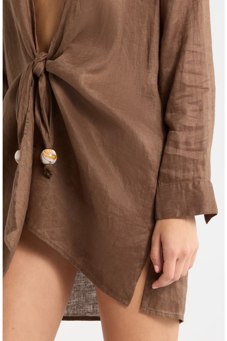 Tie Front Long Sleeve Linen Cover-Up, Alternate, color, BROWN
