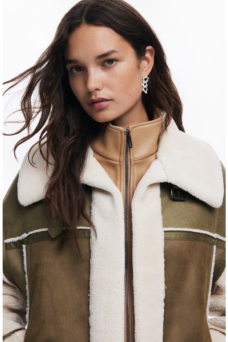 Edimurgo Faux Shearling Jacket with Faux Leather Bib, Alternate, color, GREEN