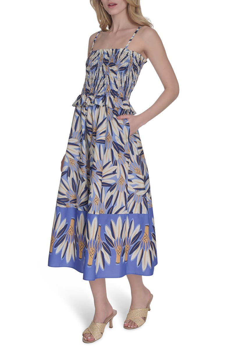 Vince Camuto Print Smocked Bodice Cotton Sundress, Alternate, color, Blue