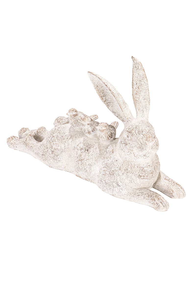 Decorative Resting Rabbit with Birds Figurine, Distressed White, Main, color, White