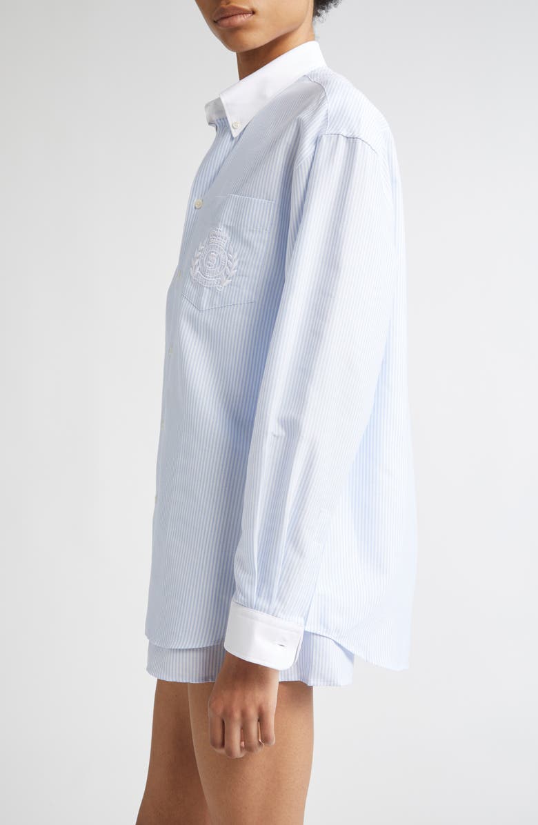 Sporty & Rich H&W Crest Oversize Oxford Button-Down Shirt, Alternate, color, Blue/ White Thin Stripe