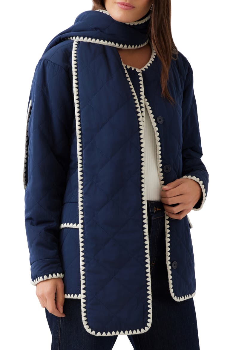 Edge Stitch Quilted Scarf Jacket, Main, color, NAVY W/ CREAM