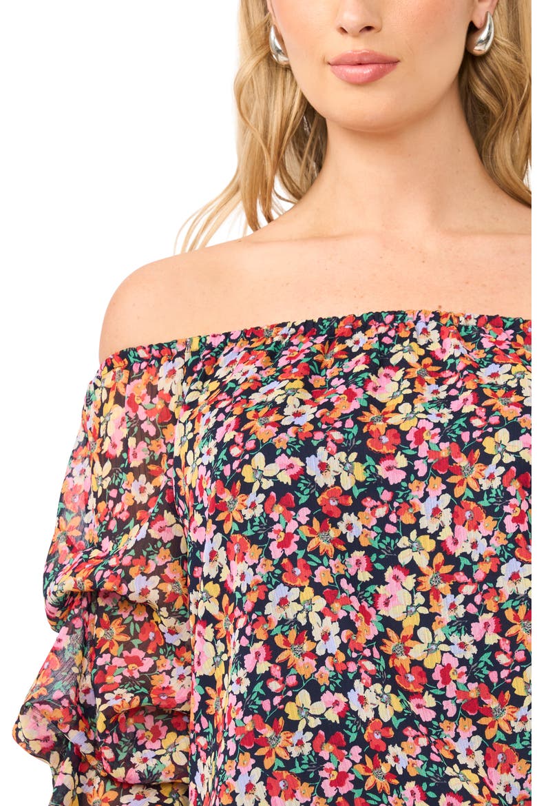 Floral Print Metallic Off the Shoulder Top, Alternate, color, CLASSIC NAVY