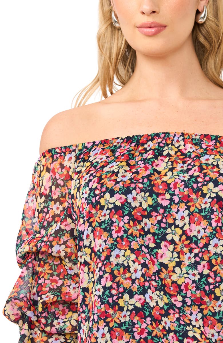 Vince Camuto Floral Print Metallic Off the Shoulder Top, Alternate, color, Classic Navy