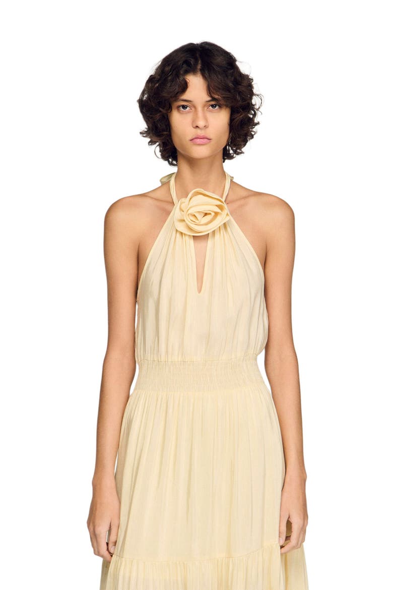 Linen maxi dress with flower detail, Alternate, color, Vanilla