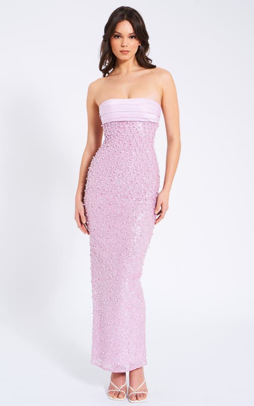 Miss Circle Lainey Satin Strapless Party Sequin Pearl Beaded Maxi Dress In Purple