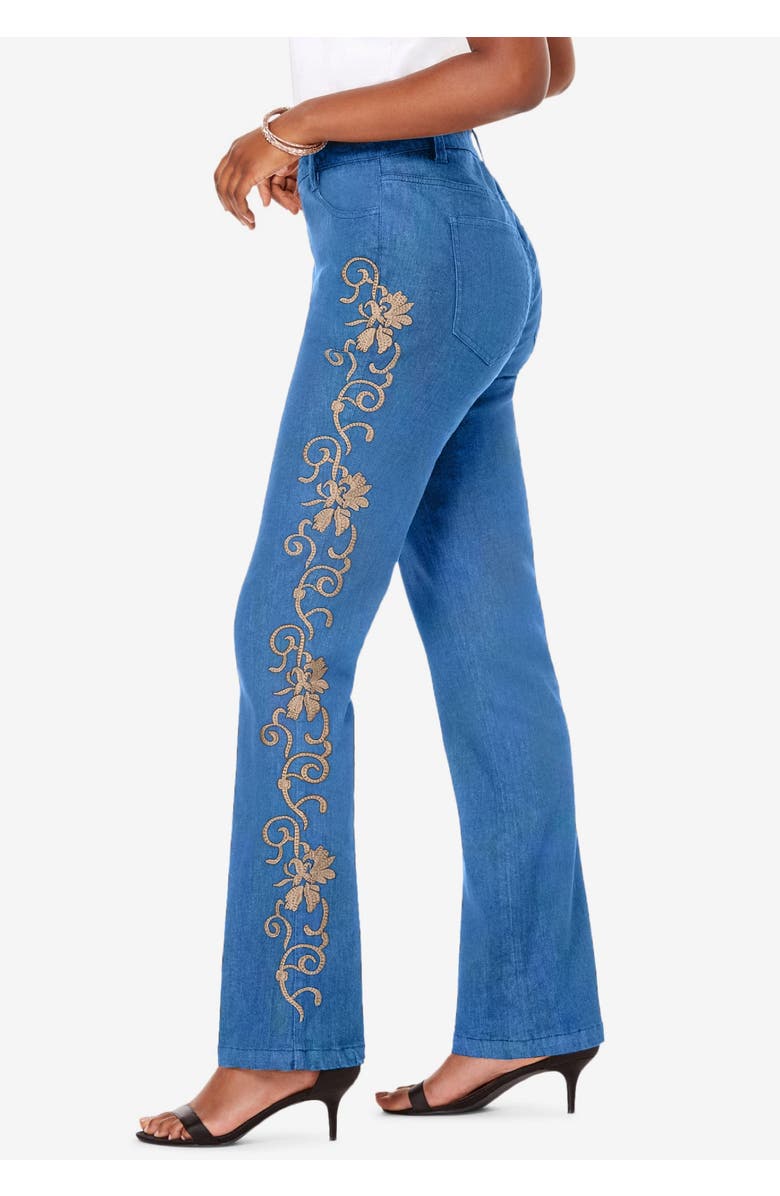 Roaman's Plus Size Whitney Jean with Invisible Stretch<sup>®</sup>, Alternate, color, Gold Swirl Embroidery