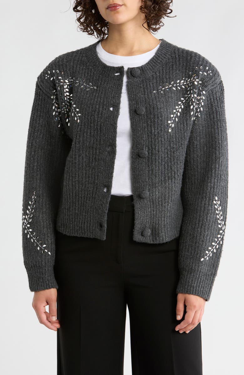 Vigoss Rhinestone Crop Cardigan, Main, color, Charcoal Grey