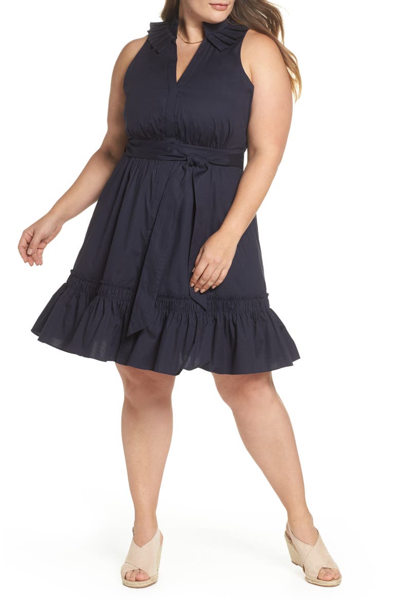 Pleat Collar Fit & Flare Dress, Main, color, NAVY