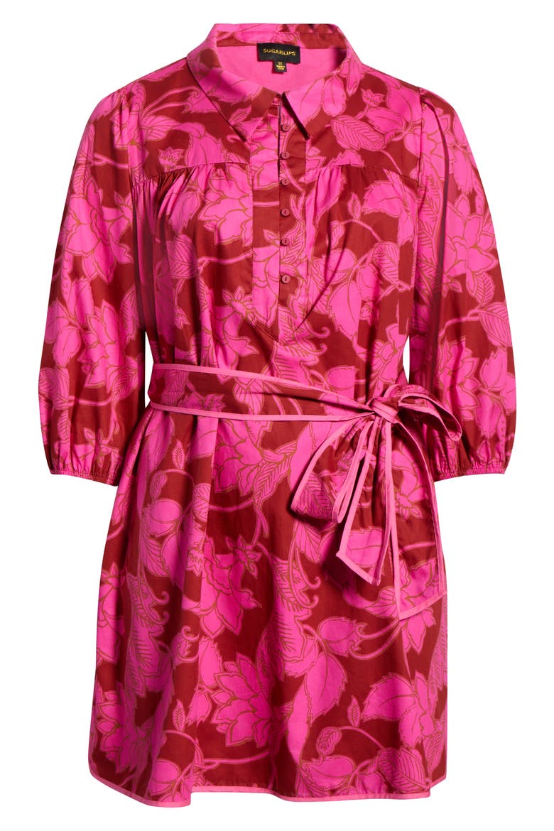 Craney Floral Print Tie Waist Long Sleeve Shirtdress, Alternate, color, BURGUNDY-PINK