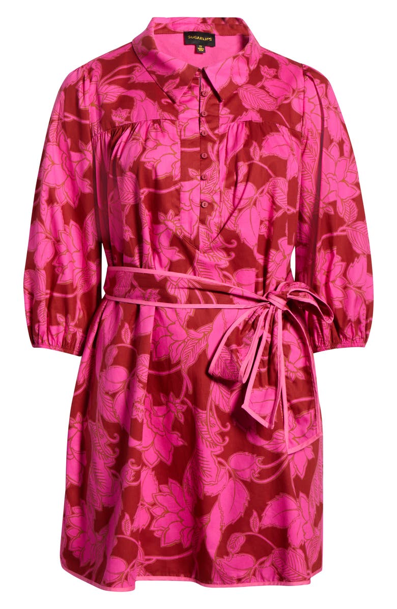 SUGARLIPS Craney Floral Print Tie Waist Long Sleeve Shirtdress, Alternate, color, Burgundy-Pink