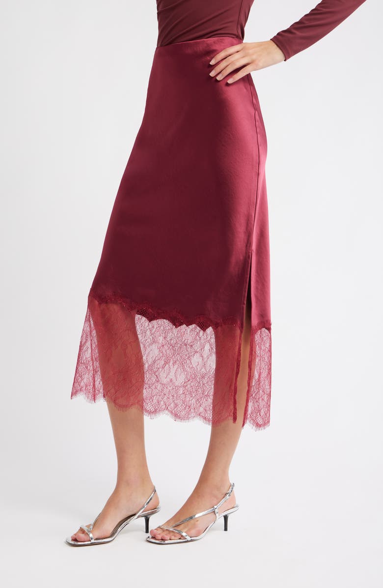Open Edit Lace Trim Satin Midi Skirt, Alternate, color, Burgundy Beet