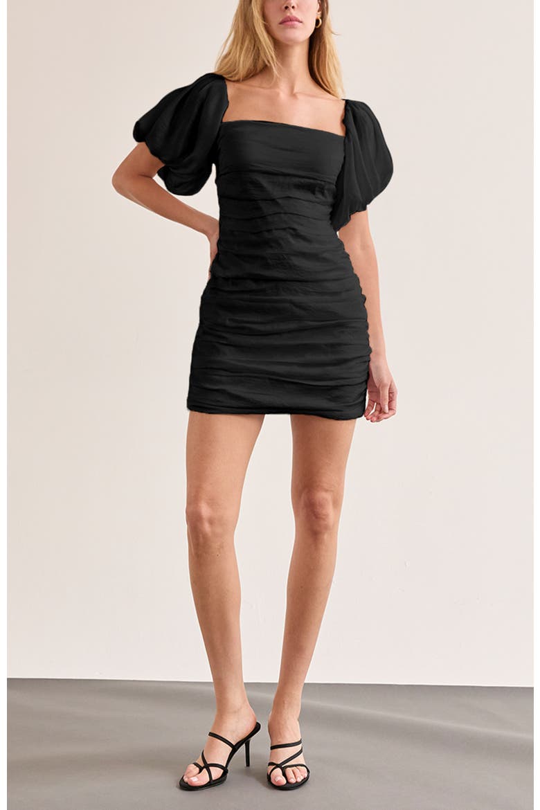 Puff Sleeves Ruched Mini Dress, Alternate, color, Black