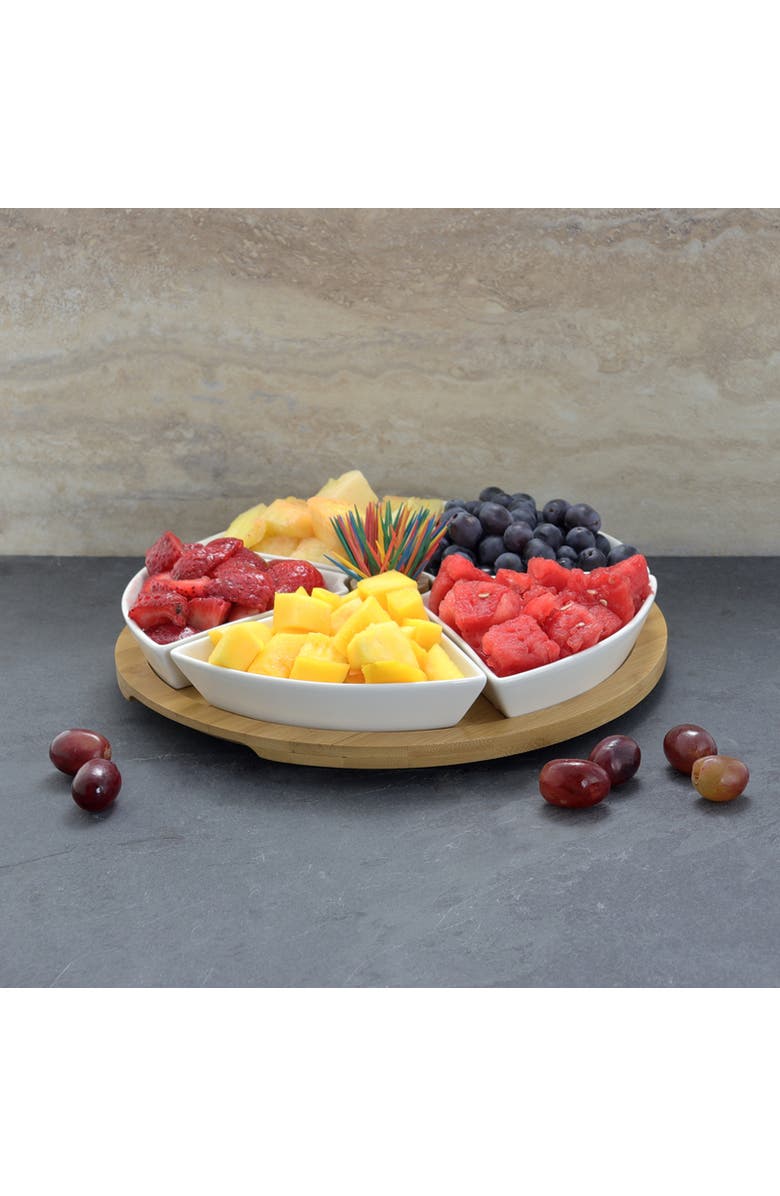 Elama 7 Piece Appetizer Serving Set with 5 Serving Dishes, Center Tooth Pick Holder and Wood Serving Tray, Alternate, color, White