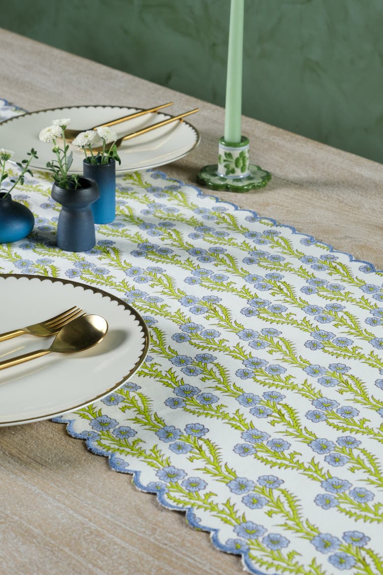 Forget-Me-Not Scallop Embroidered Blockprint Tablerunner, Alternate, color, Red