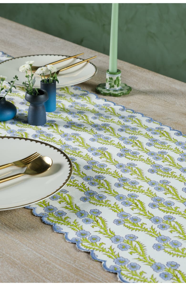 Inner Child Forget-Me-Not Scallop Embroidered Blockprint Tablerunner, Alternate, color, Red