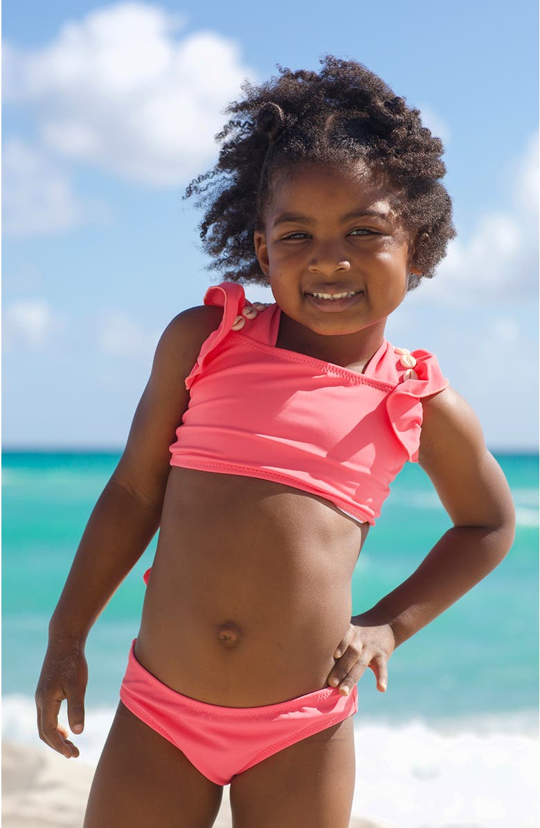 NESSI BYRD Square-Neck Bikini with Shell-Adorned Ruffles, Alternate, color, Pink