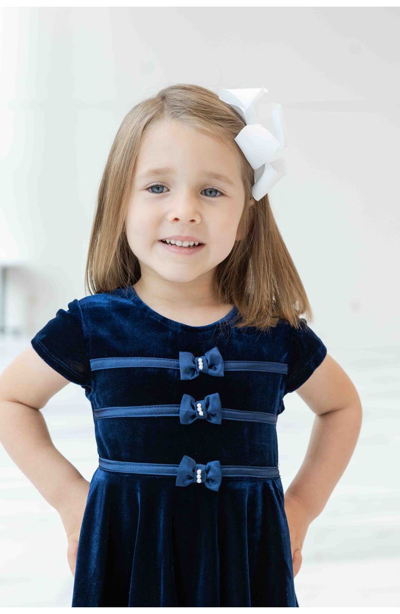 Florence Eiseman Stretch Velvet Dress With Pearls, Alternate, color, Navy