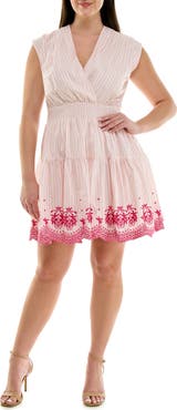 Nanette Lepore Stripe Cap Sleeve Embroidered Fit & Flare Dress