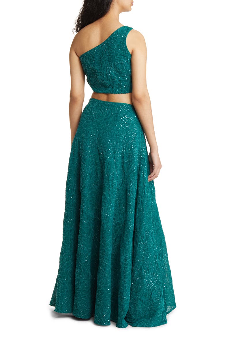 Raz Floral Embroidered One-Shoulder Lehenga with Dupatta, Alternate, color, EMERALD