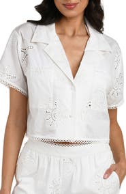 La Blanca Bayside Crop Stretch Cotton Cover-Up Shirt