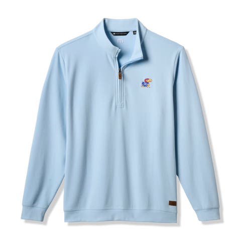 Men's TravisMathew Light Blue Kansas Jayhawks Cloud Home Game Quarter-Zip Tri-Blend Pullover