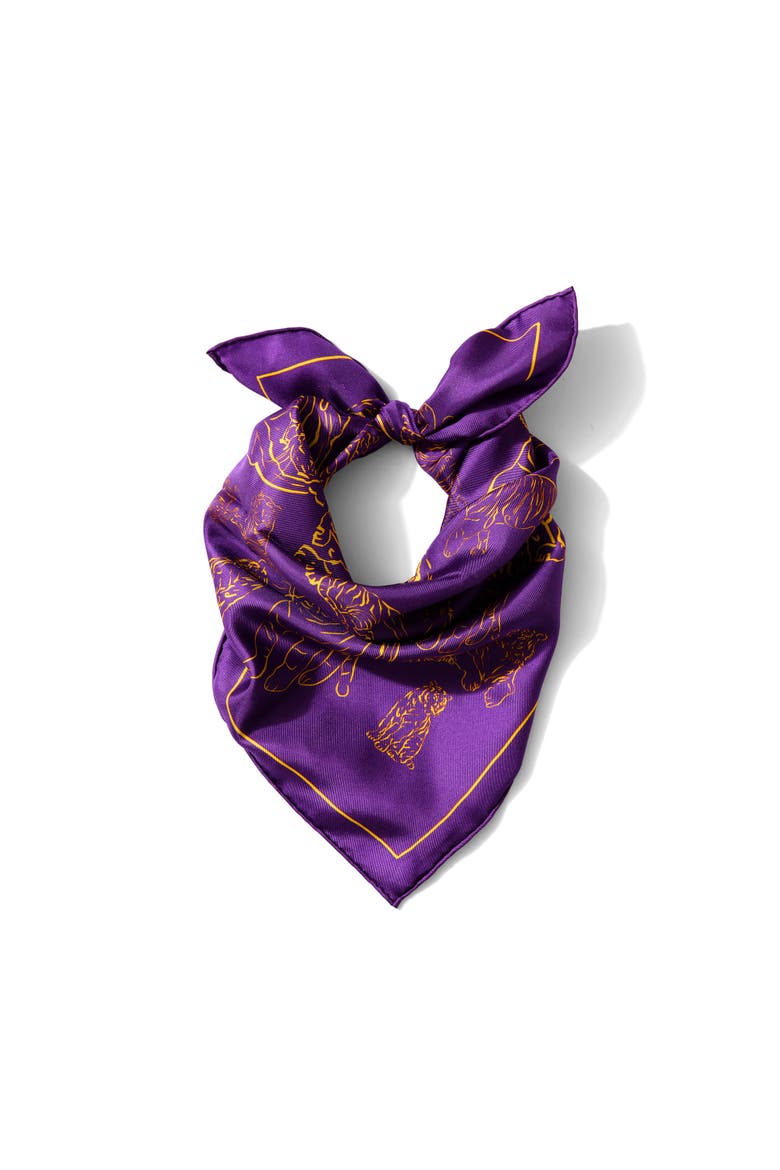 Tiger Outline Silk Twill Bandana, Main, color, Purple