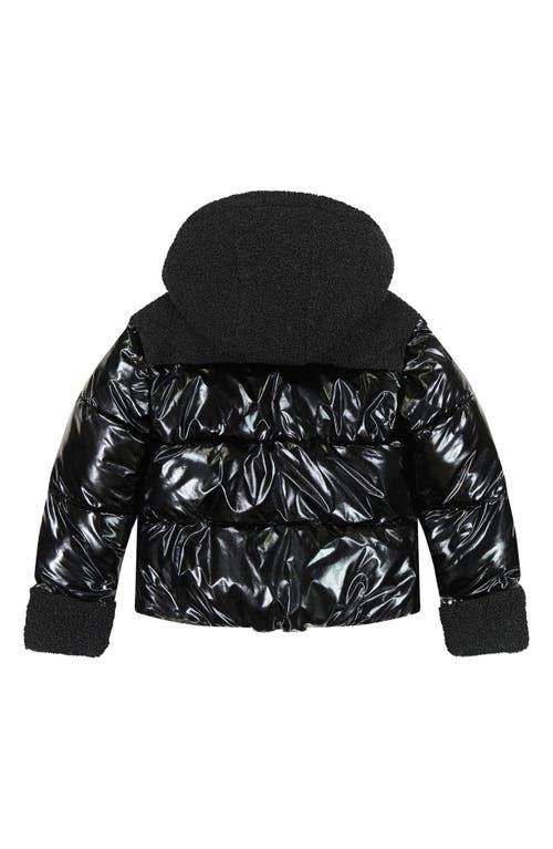 Sam Edelman Shimmer Cargo Pocket Faux Shearling Hooded Puffer Jacket In Black
